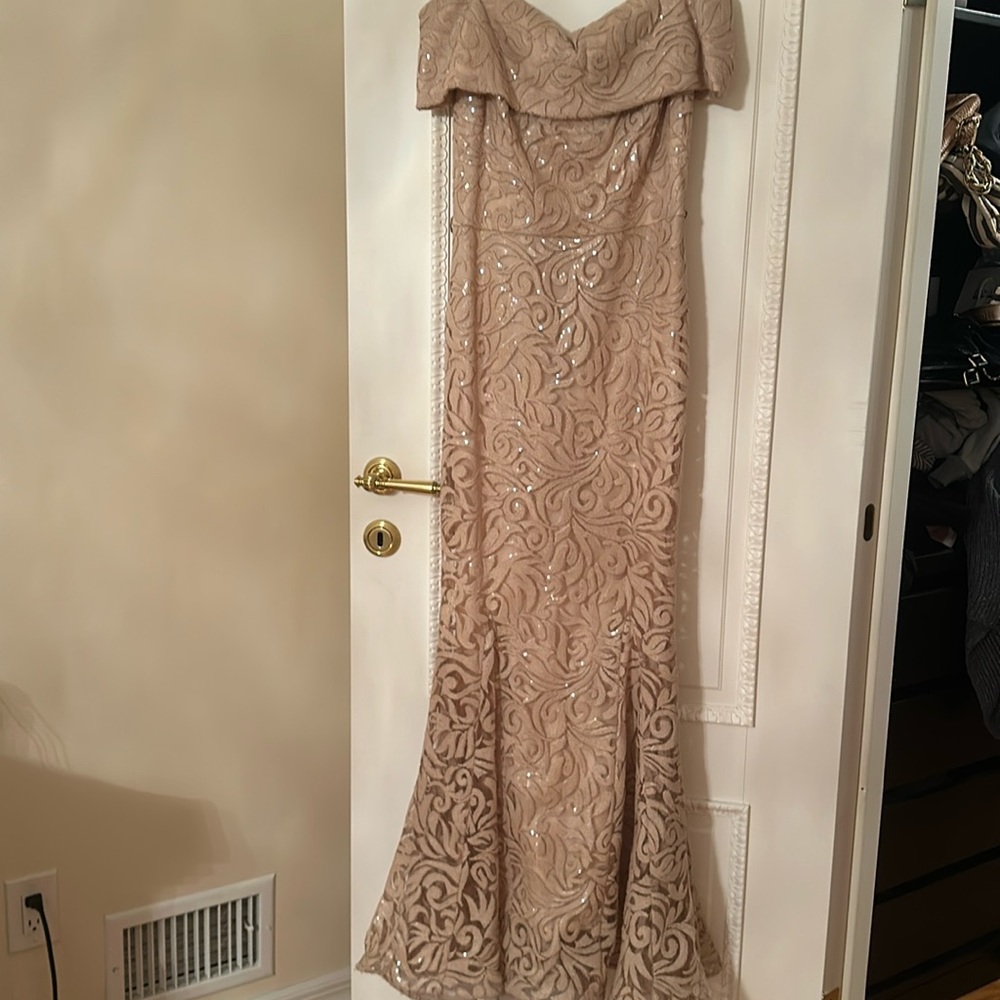 Nicole Bakti Nude of shoulder evening gown with sequins.